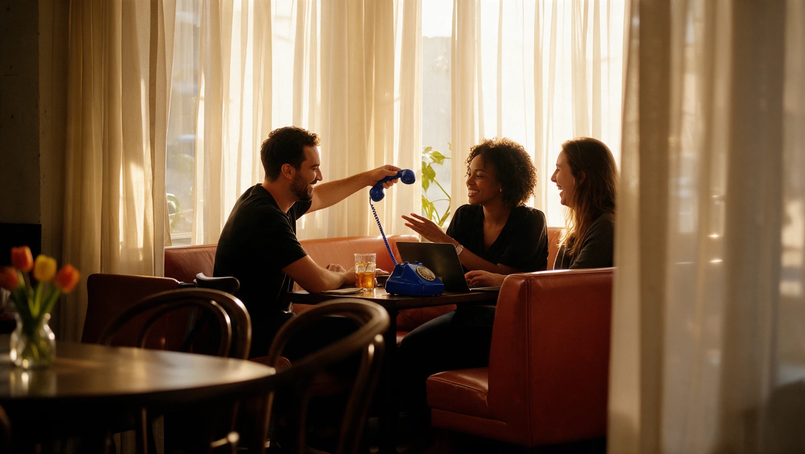 Three friends talking and laughing in a café, one of them holding a blue phone handset