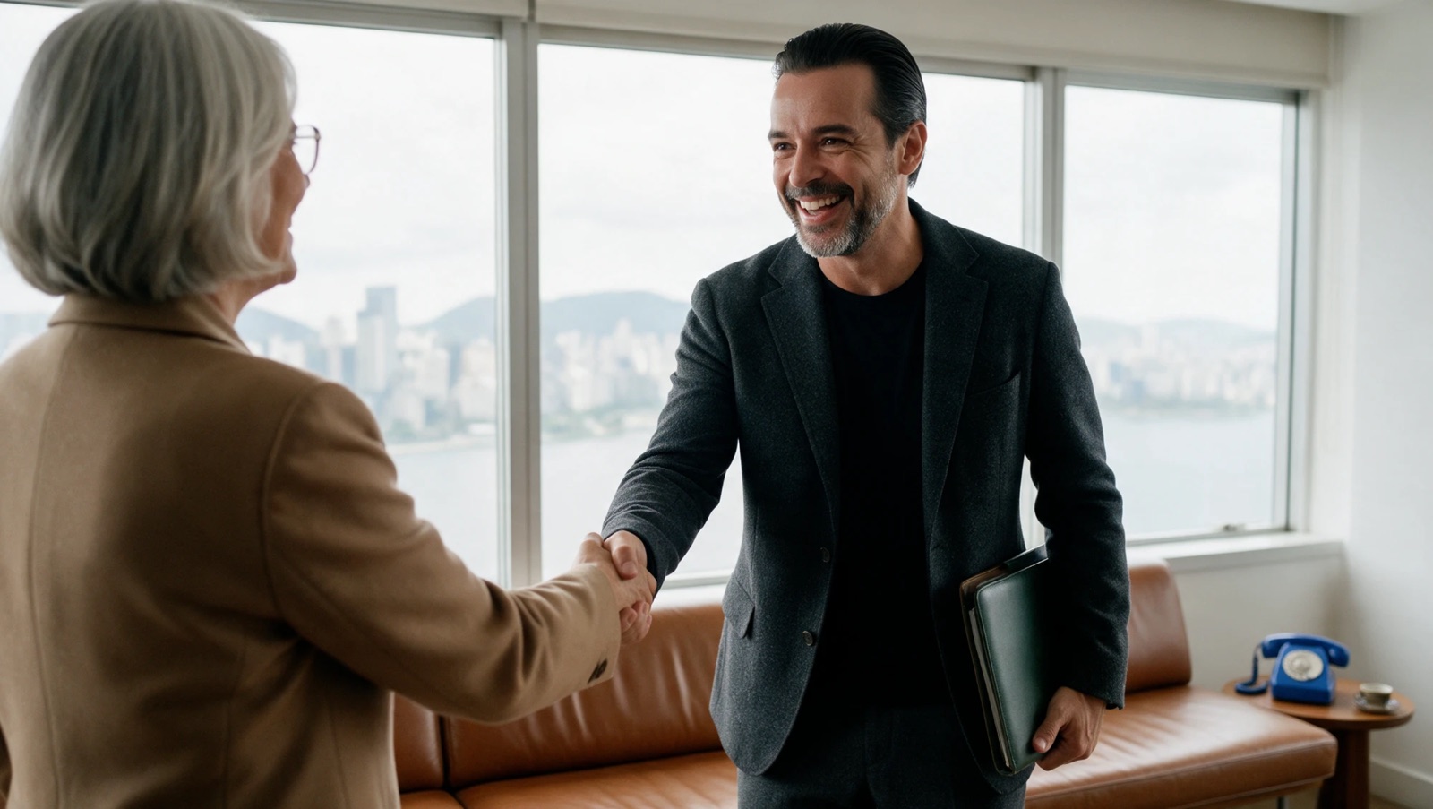 Smiling professional greeting an older woman with a handshake
